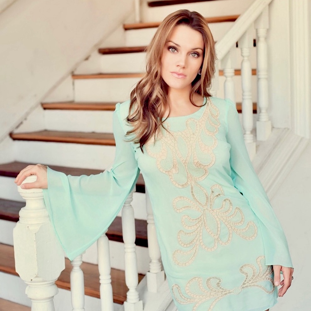 Ark & Co Embroidered Mini Shift Dress with Sheer Bell Sleeves: Size Medium